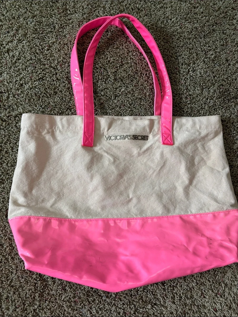 Victoria's Secret Cream & Neon Pink Canvas Beach Tote Bag